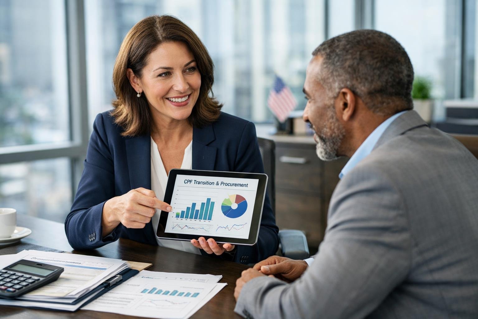 Des professionnels en réunion dans un bureau moderne, discutant de documents financiers et de stratégies.
