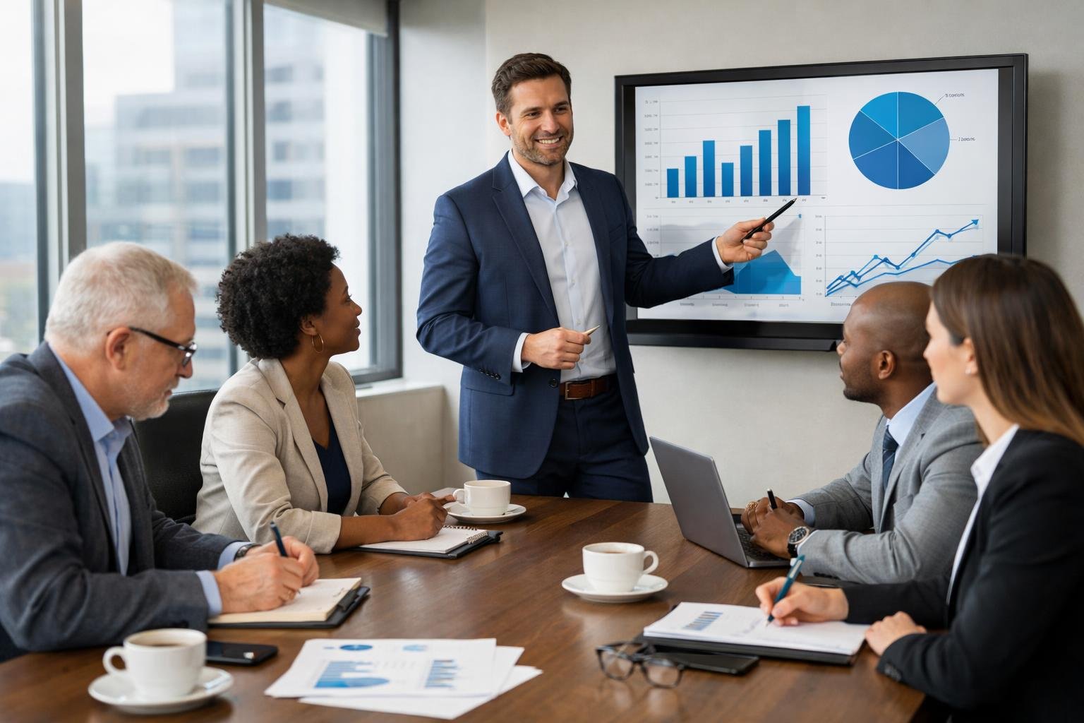 Un groupe de professionnels en réunion dans une salle de conférence moderne, discutant autour d'une table avec des ordinateurs portables et des documents.