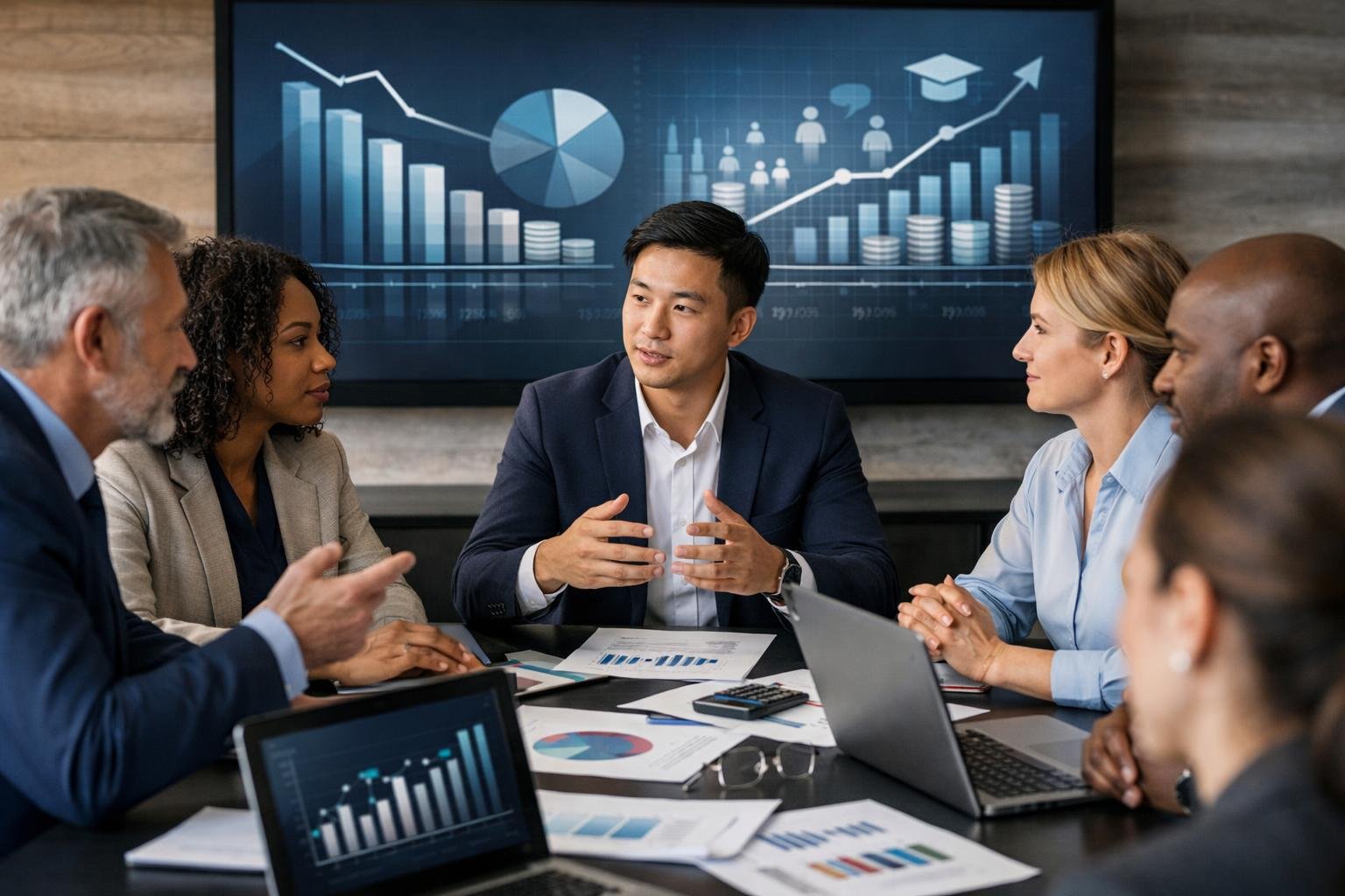 Des professionnels en réunion autour d'une table de conférence, discutant de stratégies financières et de formation dans un bureau moderne.