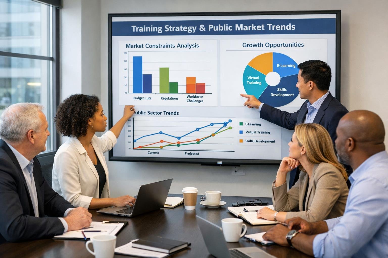 Des professionnels en réunion dans une salle de conférence moderne, discutant autour d'un écran affichant des graphiques et des données.