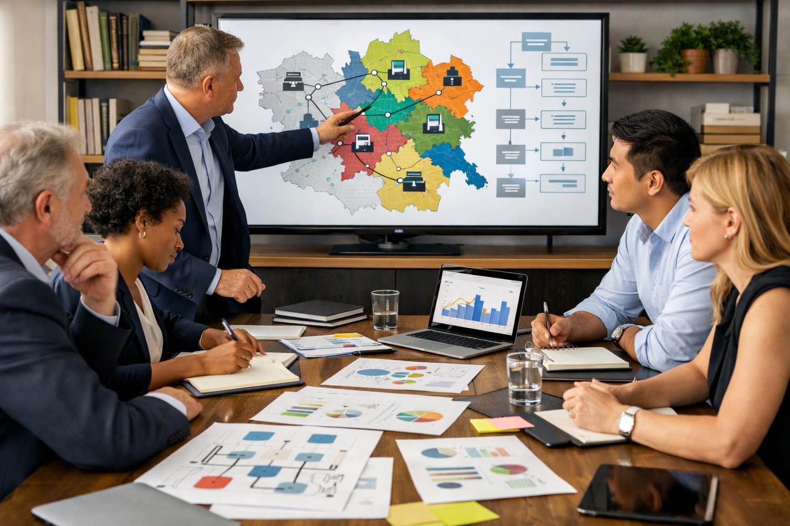 Des professionnels en réunion autour d'une table analysant des documents et une carte pour planifier des besoins de formation.