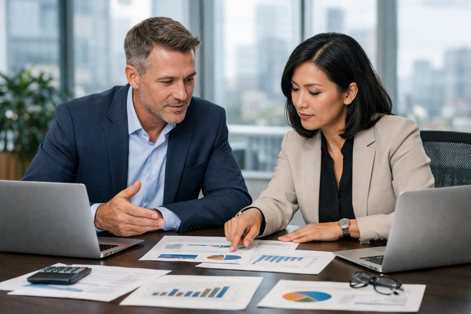 Deux professionnels discutant autour d'une table de réunion avec des ordinateurs portables et des documents dans un bureau lumineux.