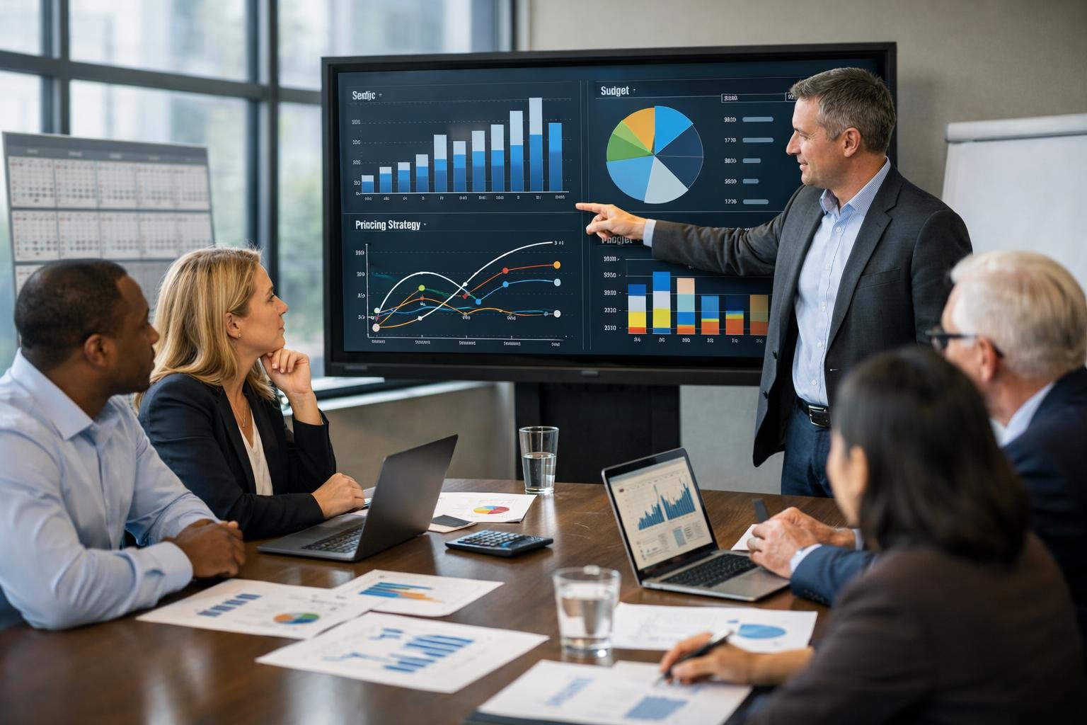 Une réunion professionnelle avec des personnes discutant autour d'une table de conférence, analysant des données financières sur un écran dans un bureau moderne.