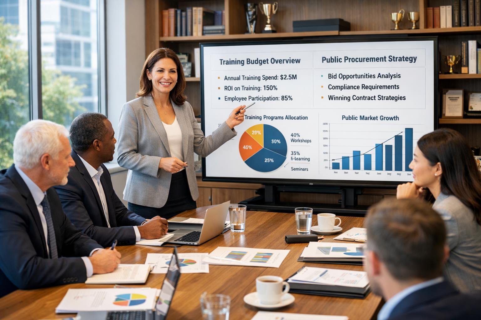 Un groupe de professionnels en réunion dans une salle de conférence moderne, discutant de stratégies de formation et de marchés publics.
