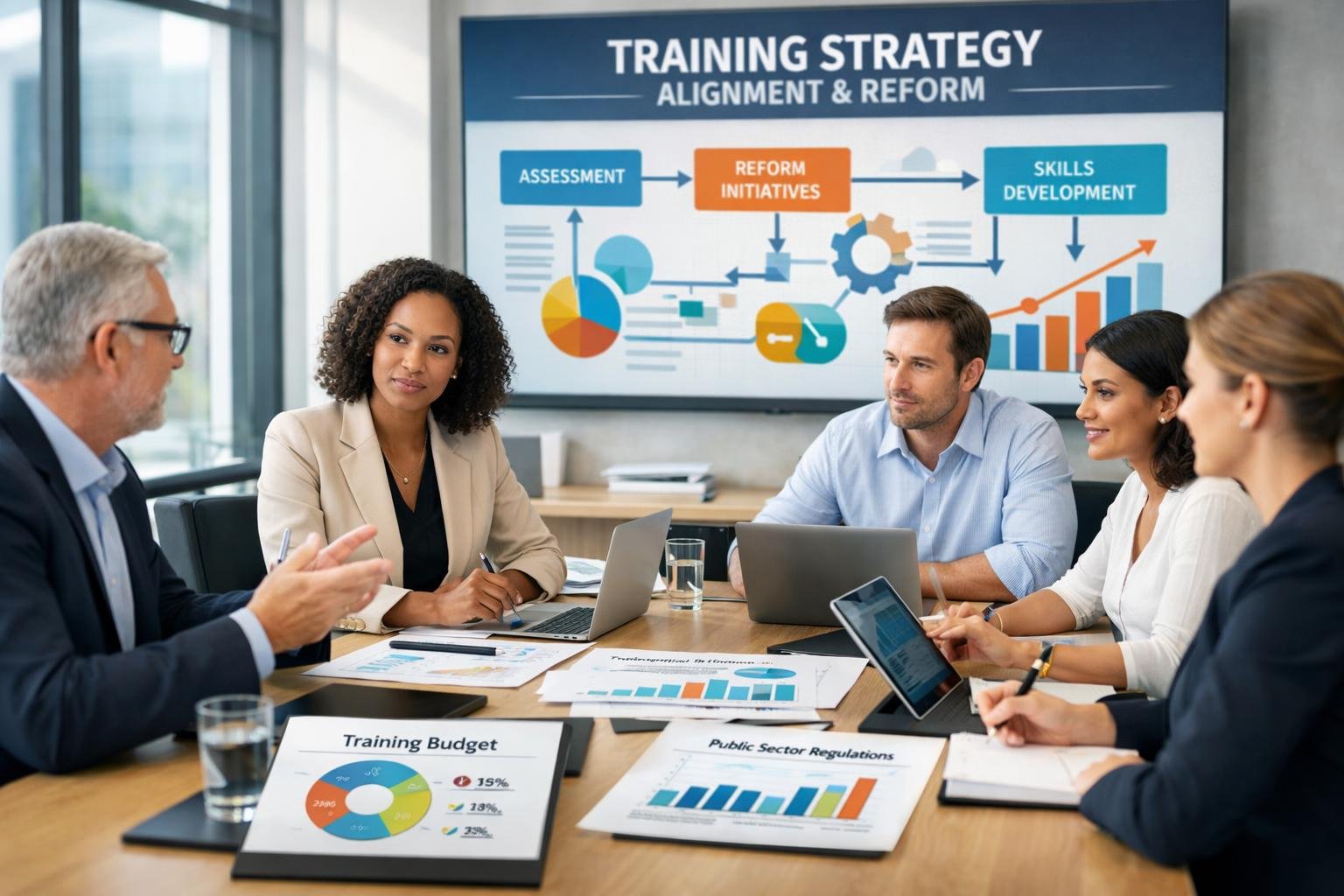 Un groupe de professionnels en réunion autour d'une table, discutant de stratégie de formation dans un bureau moderne.