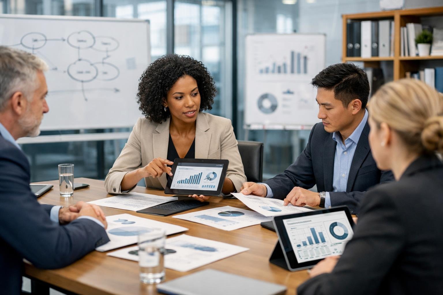 Un groupe de professionnels en réunion dans un bureau moderne, discutant de stratégies de formation et de gestion de marché.