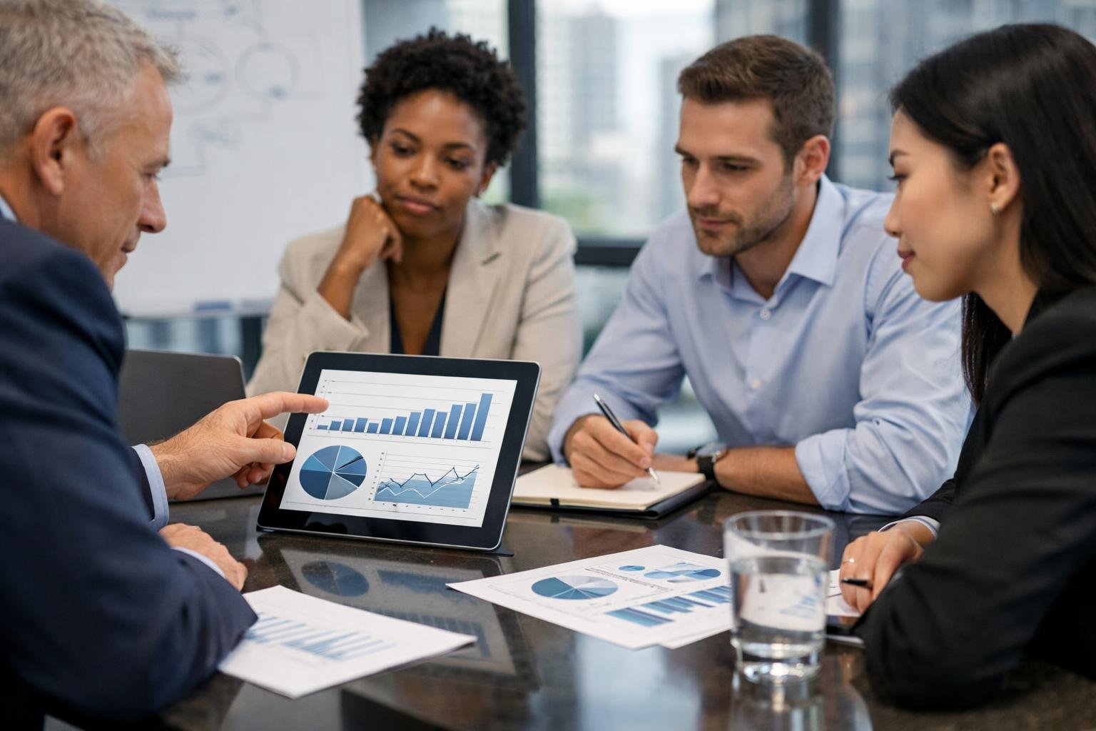 Un groupe de professionnels en réunion dans une salle de conférence moderne, discutant autour d'une table avec des ordinateurs et des documents.