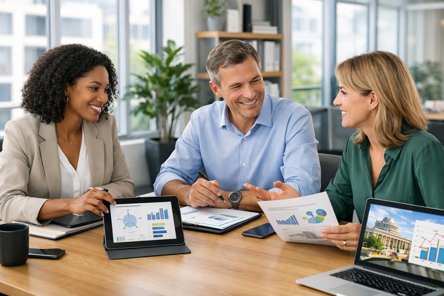Trois professionnels discutant autour d'une table dans un bureau lumineux avec des ordinateurs et des documents.