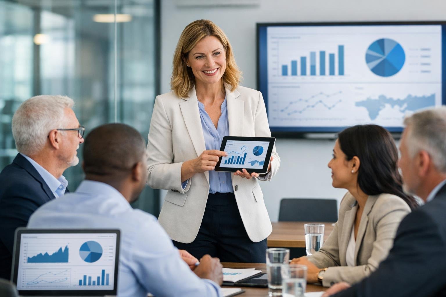 Des professionnels en réunion dans un bureau moderne, discutant autour d'une tablette numérique avec des graphiques visibles sur un ordinateur portable.