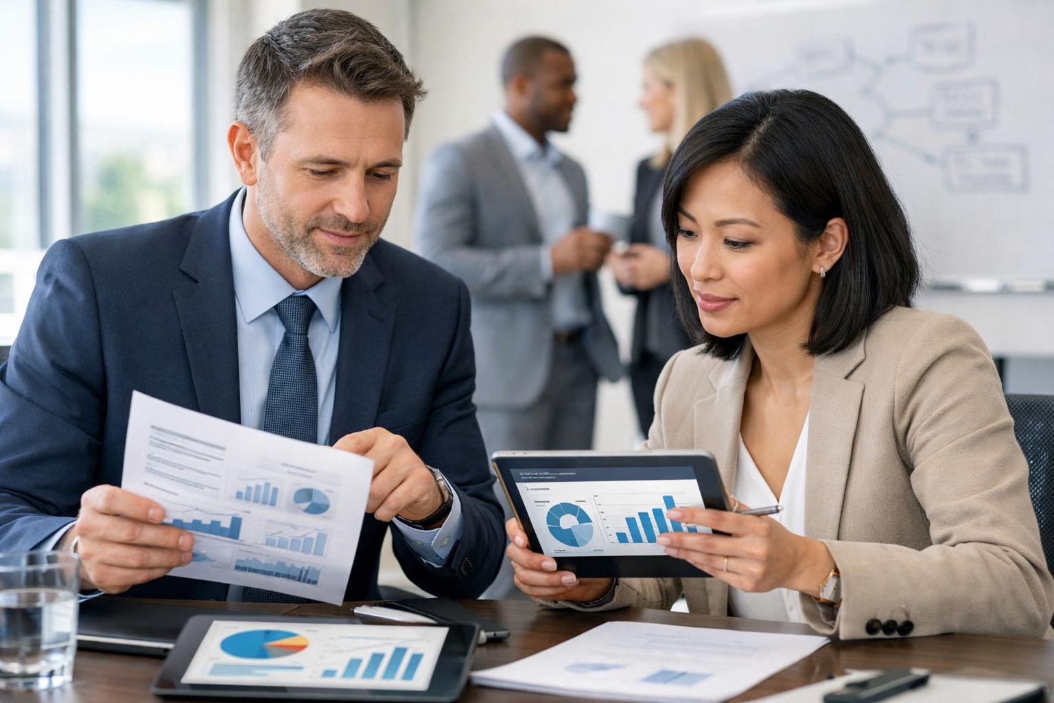 Des professionnels en réunion dans une salle de conférence lumineuse, examinant des documents et des graphiques sur des tablettes, discutant de stratégies liées aux bilans de compétences pour les marchés publics.