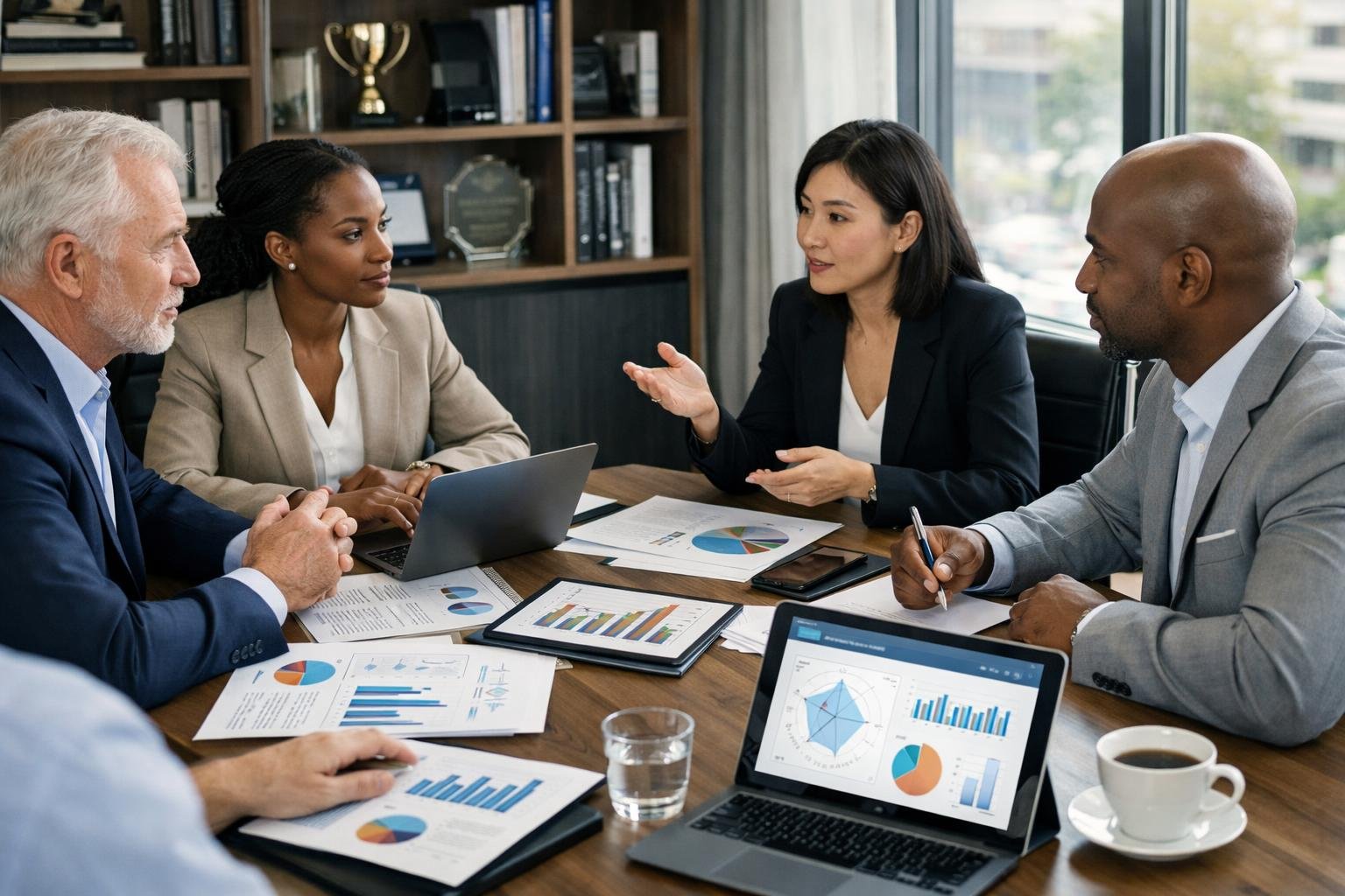Un groupe de professionnels en réunion dans une salle de conférence, discutant autour d'une table avec des ordinateurs portables et des documents liés à l'évaluation des compétences et aux marchés publics.