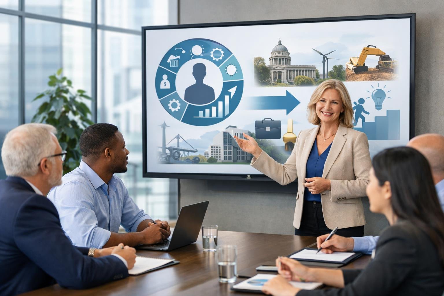 Des professionnels en réunion dans un bureau moderne, discutant et analysant des données sur un écran numérique.