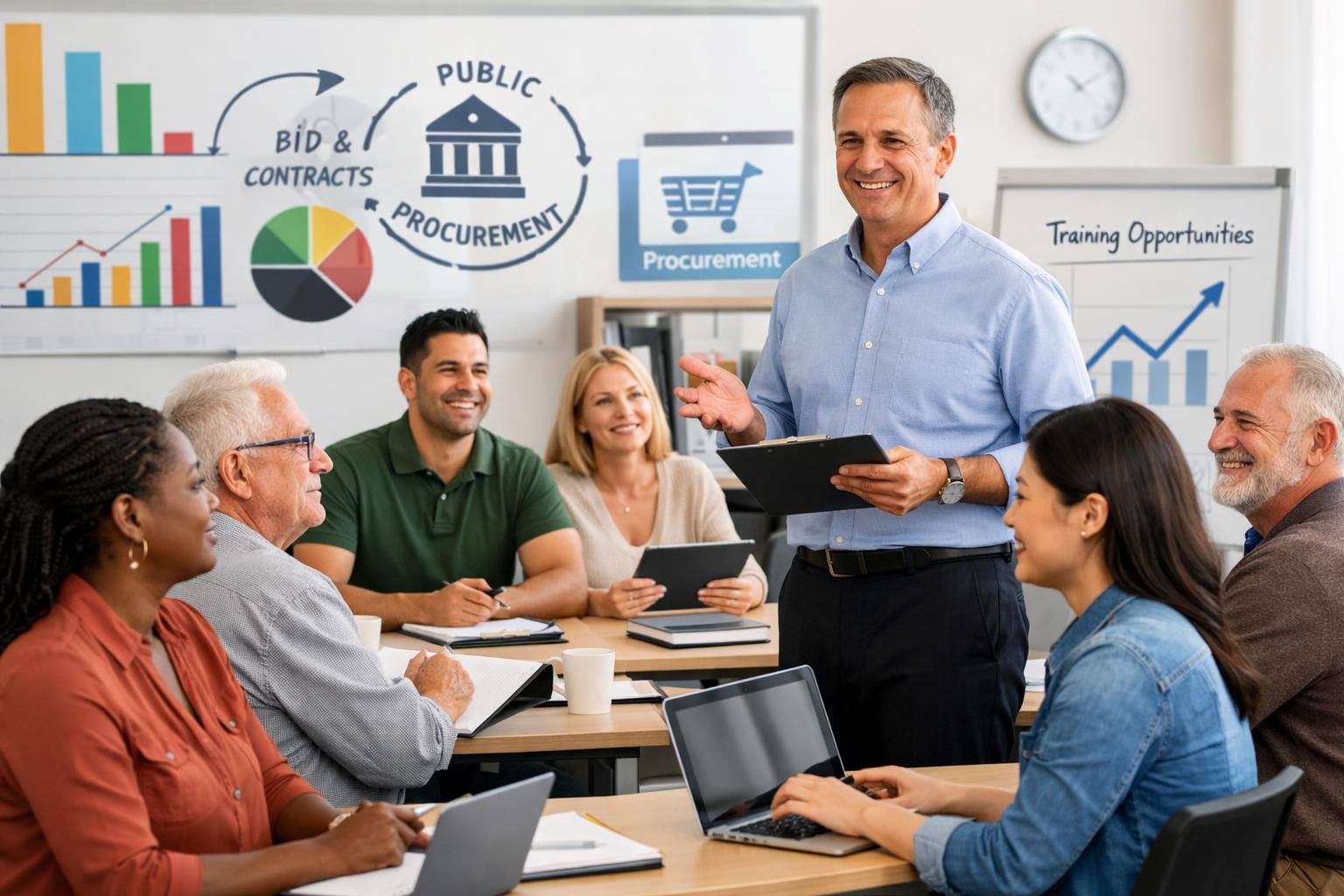 Un groupe diversifié d'adultes suivant une formation dans une salle moderne, avec un formateur les guidant.