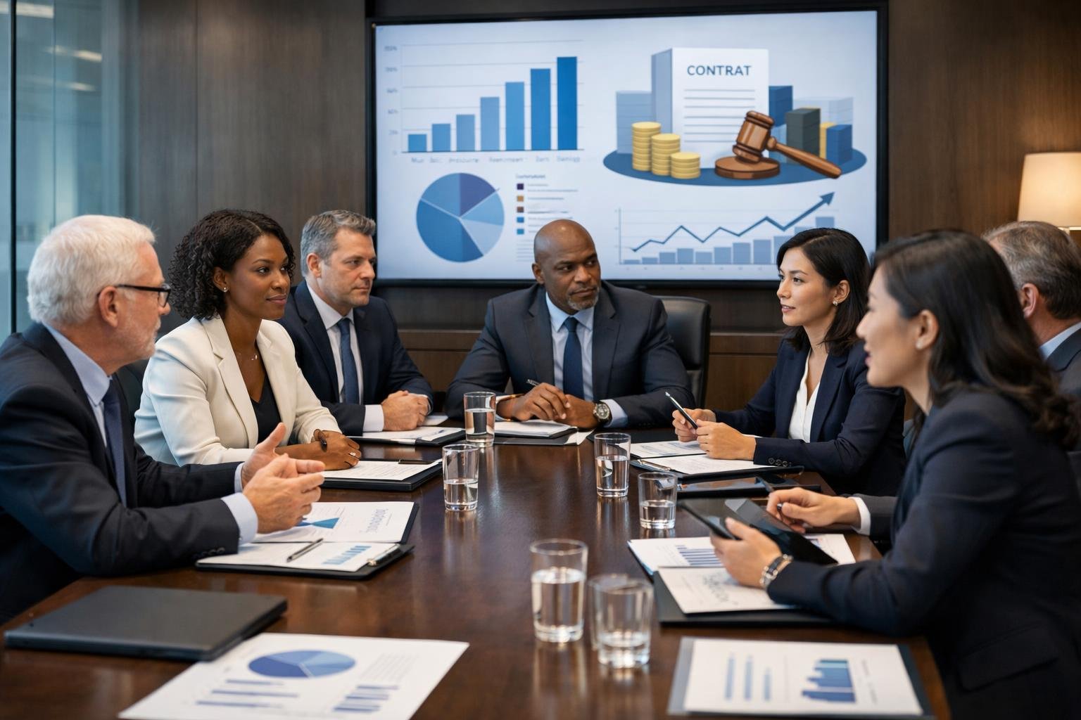 Des professionnels en réunion autour d'une table de conférence, discutant de marchés publics liés à la formation professionnelle.