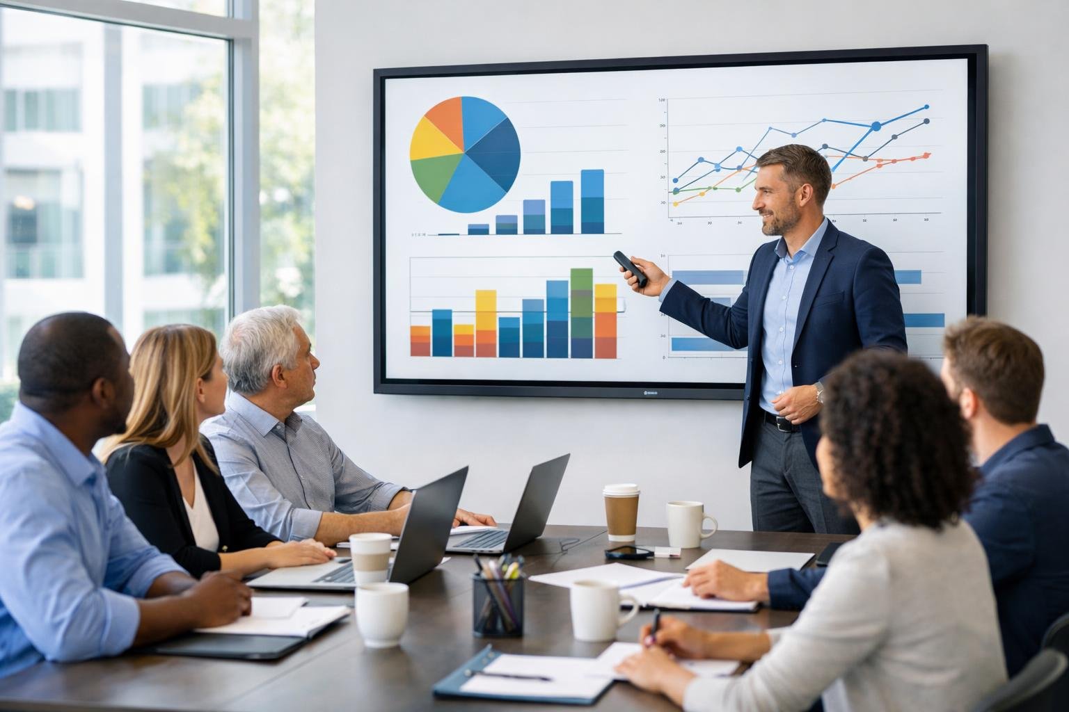 Un groupe diversifié de professionnels en formation dans une salle de conférence lumineuse, écoutant un présentateur devant un écran avec des graphiques.