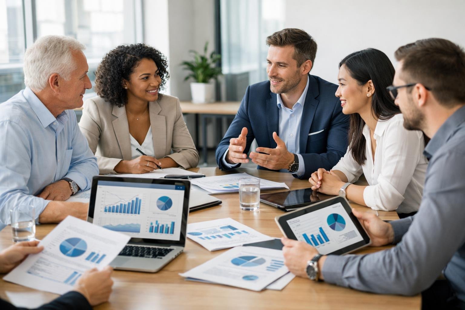 Des professionnels en réunion collaborent autour d'une table avec des documents et des ordinateurs dans une salle de réunion lumineuse.