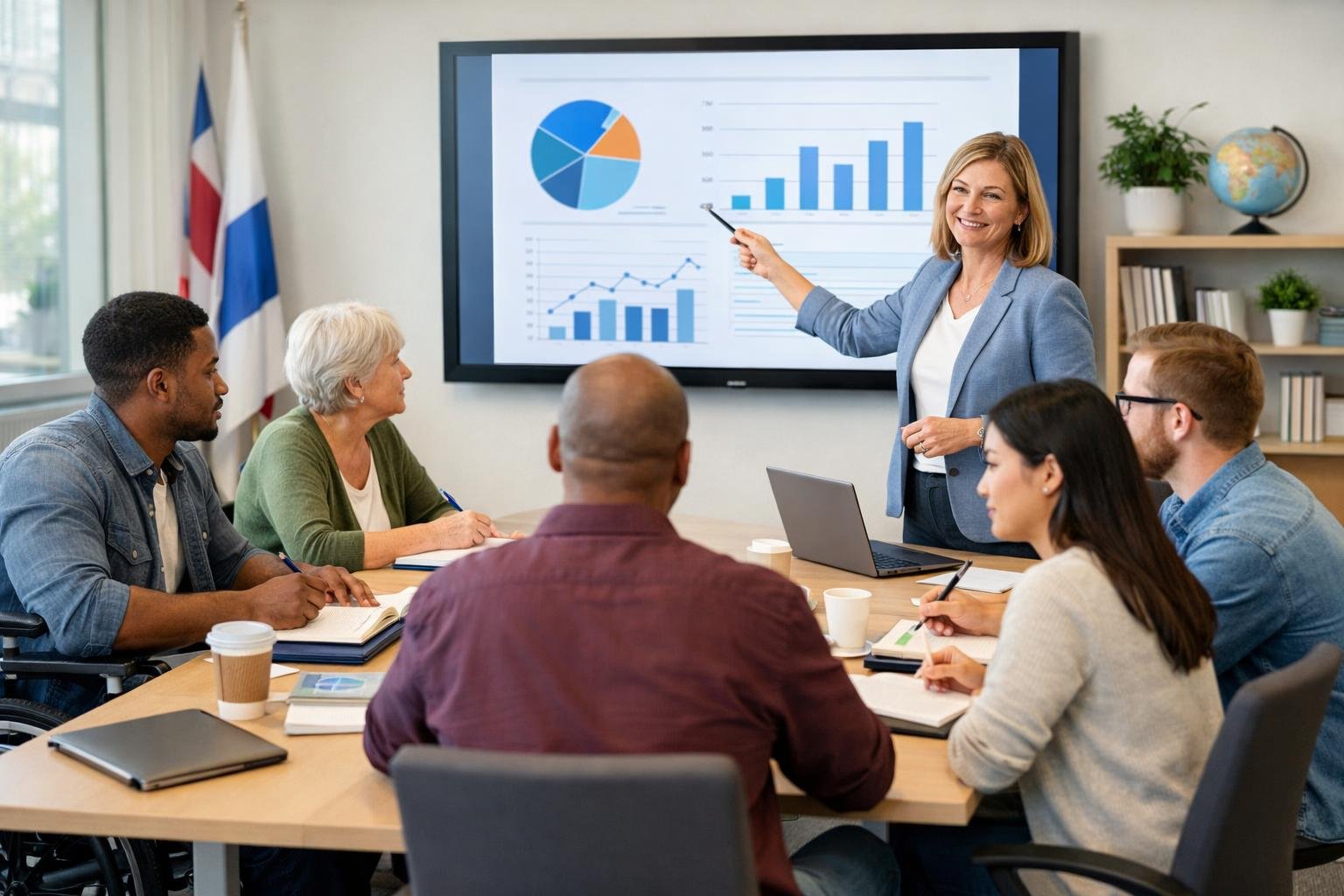 Un groupe diversifié de personnes participant à une session de formation dans une salle de conférence moderne, avec un formateur présentant des informations sur un écran numérique.