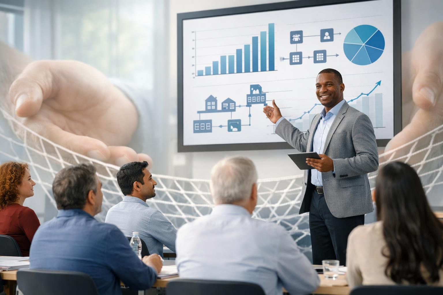 Un groupe diversifié d'adultes participant à une formation en salle moderne, avec un formateur présentant des graphiques sur un écran, symbolisant l'accès à la formation grâce aux marchés publics comme filet de sécurité.