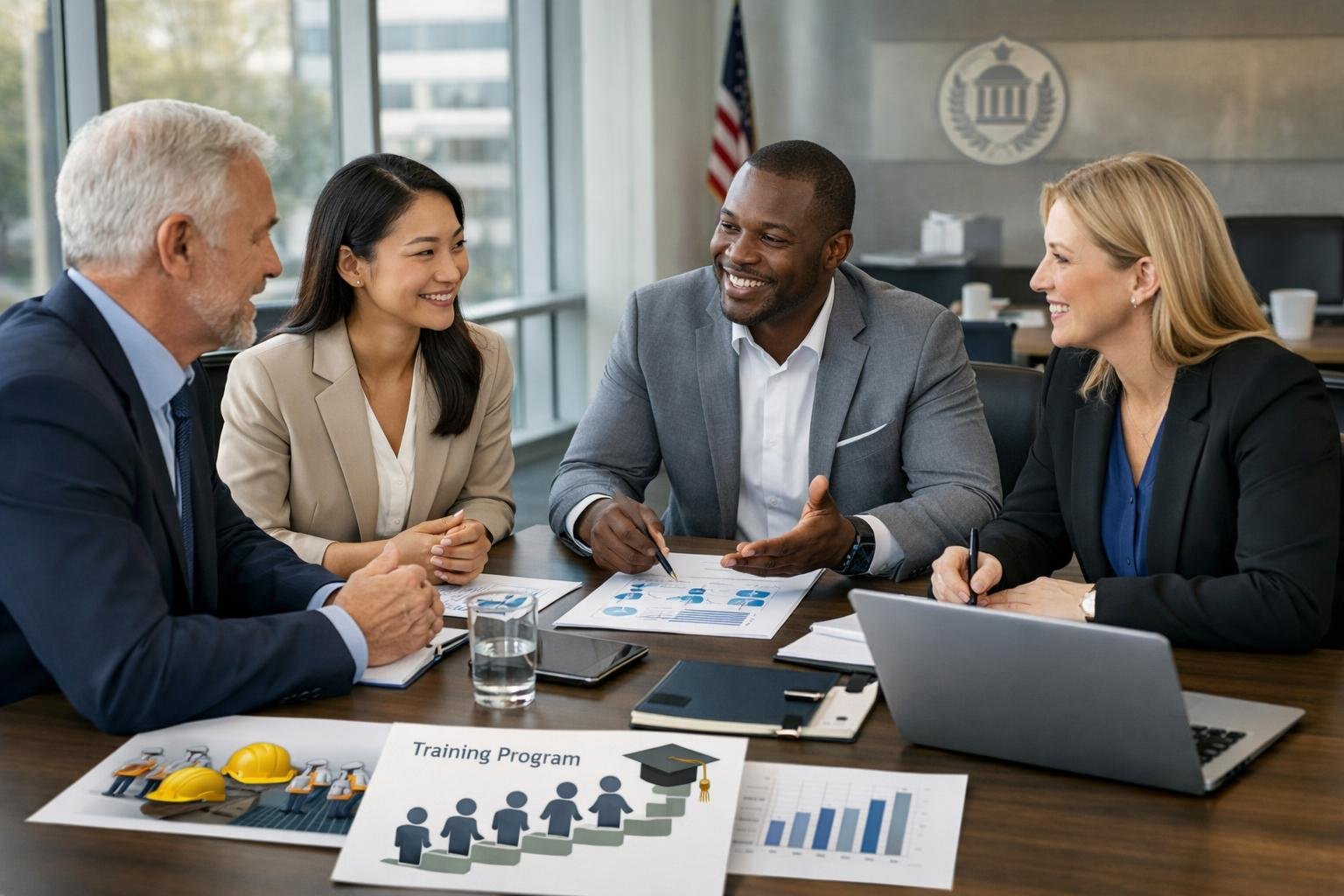 Des professionnels en réunion autour d'une table dans un bureau moderne, discutant de contrats publics et de formation.