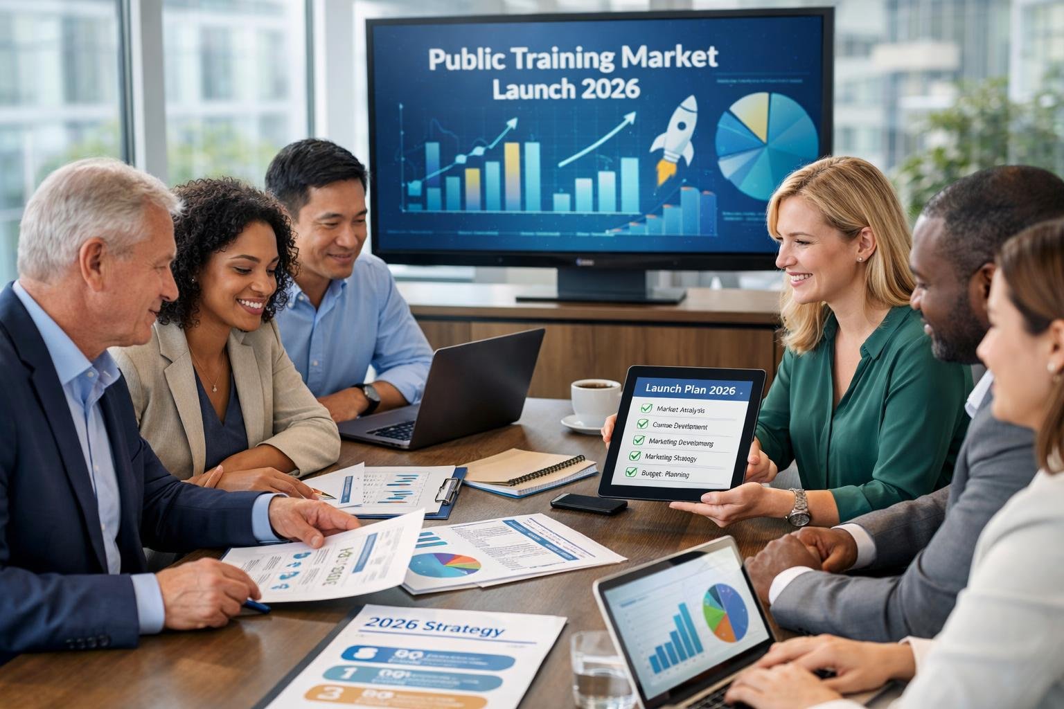 Un groupe de professionnels en réunion autour d'une table de travail avec des documents et des appareils numériques dans un bureau moderne lumineux.