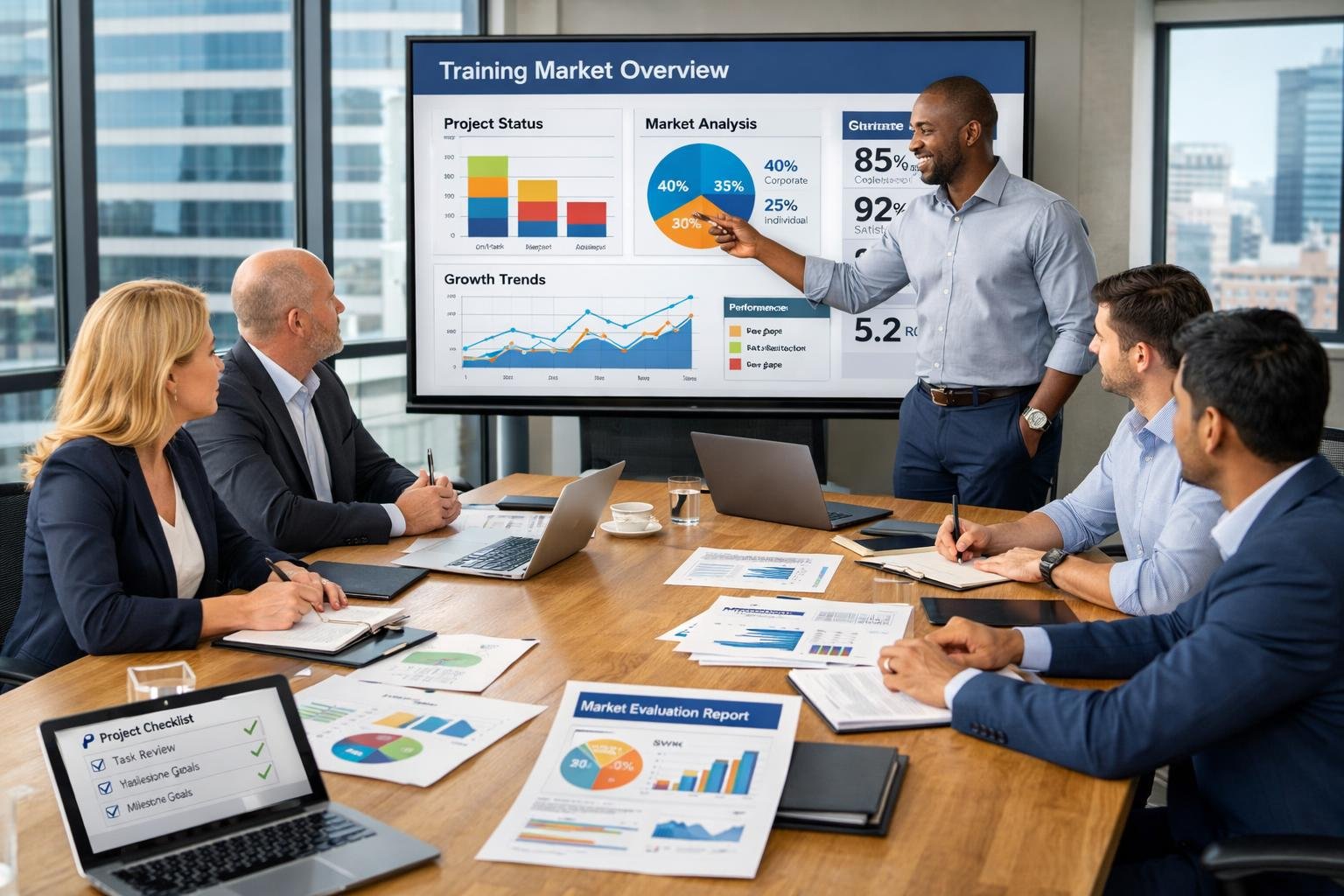 Un groupe de professionnels en réunion autour d'une table avec des documents et un écran affichant des données de suivi et d’évaluation.