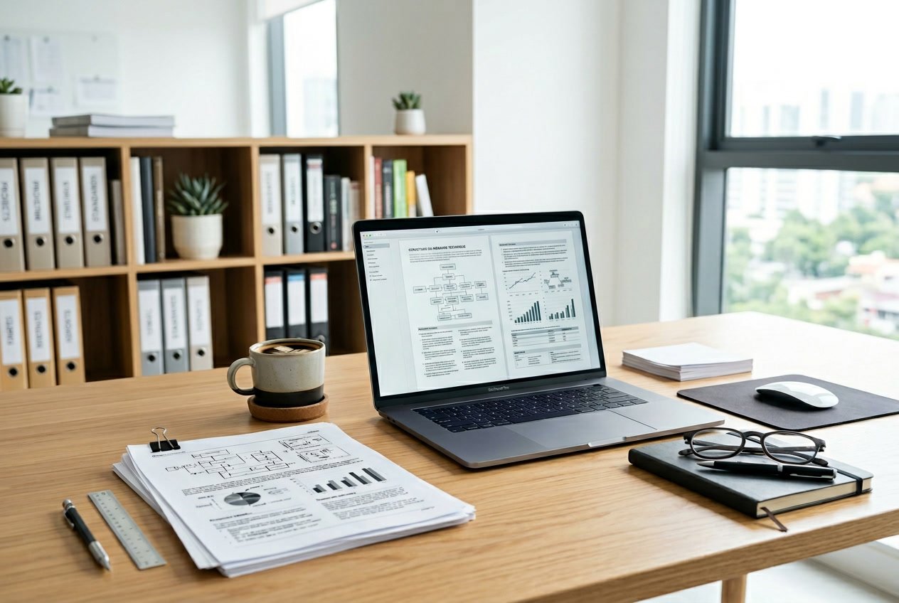 Un bureau moderne avec un ordinateur portable ouvert montrant des diagrammes techniques, des papiers organisés, une tasse de café et des lunettes dans un environnement de bureau lumineux.