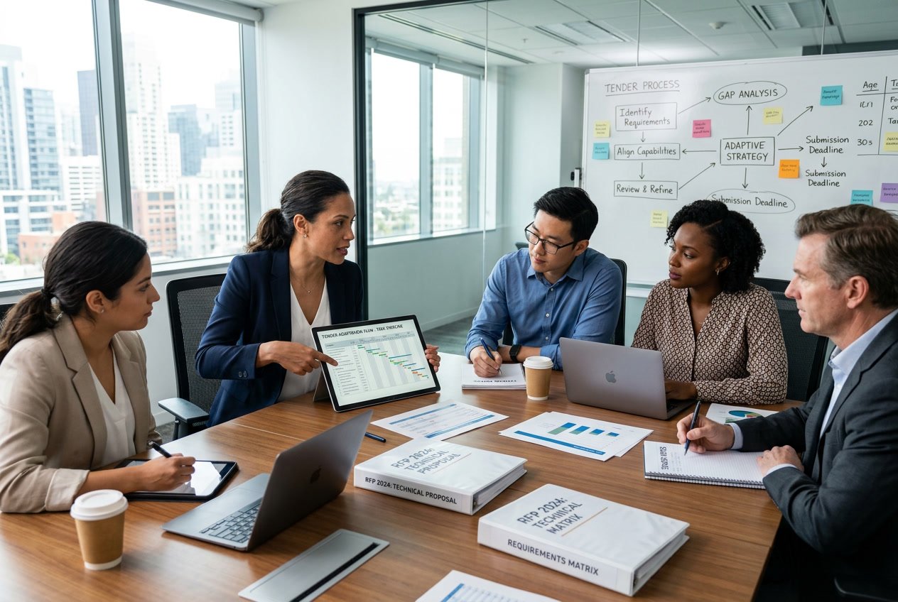 Groupe de professionnels en réunion autour d'une table avec des documents et des appareils numériques, discutant d'un projet dans une salle de conférence lumineuse.