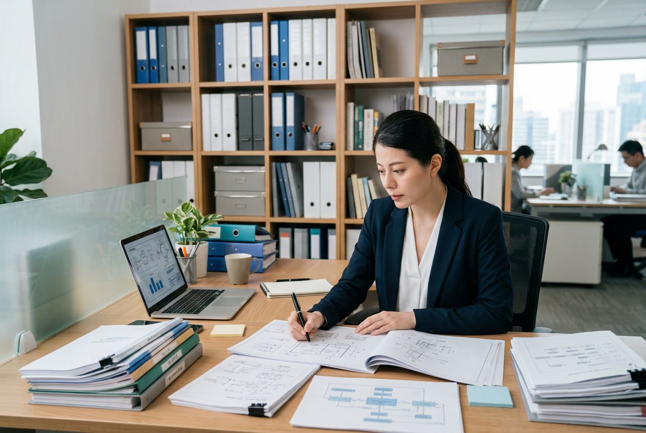 Personne en tenue professionnelle examinant des documents techniques sur un bureau organisé dans un bureau moderne.