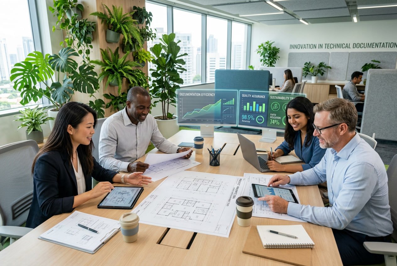 Des professionnels collaborent autour d'une table avec des documents techniques et des plantes en arrière-plan symbolisant l'environnement.