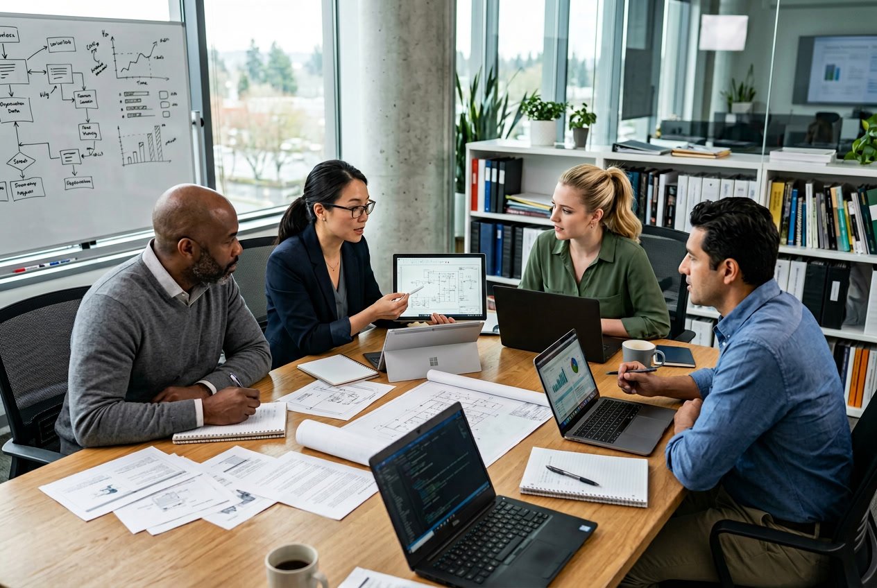 Des professionnels collaborant autour d'une table de bureau avec des ordinateurs portables et des documents techniques.
