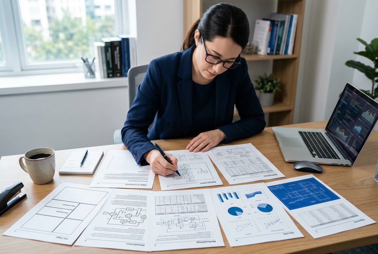 Personne examinant des documents techniques détaillés sur un bureau organisé avec un ordinateur portable et une tasse de café.