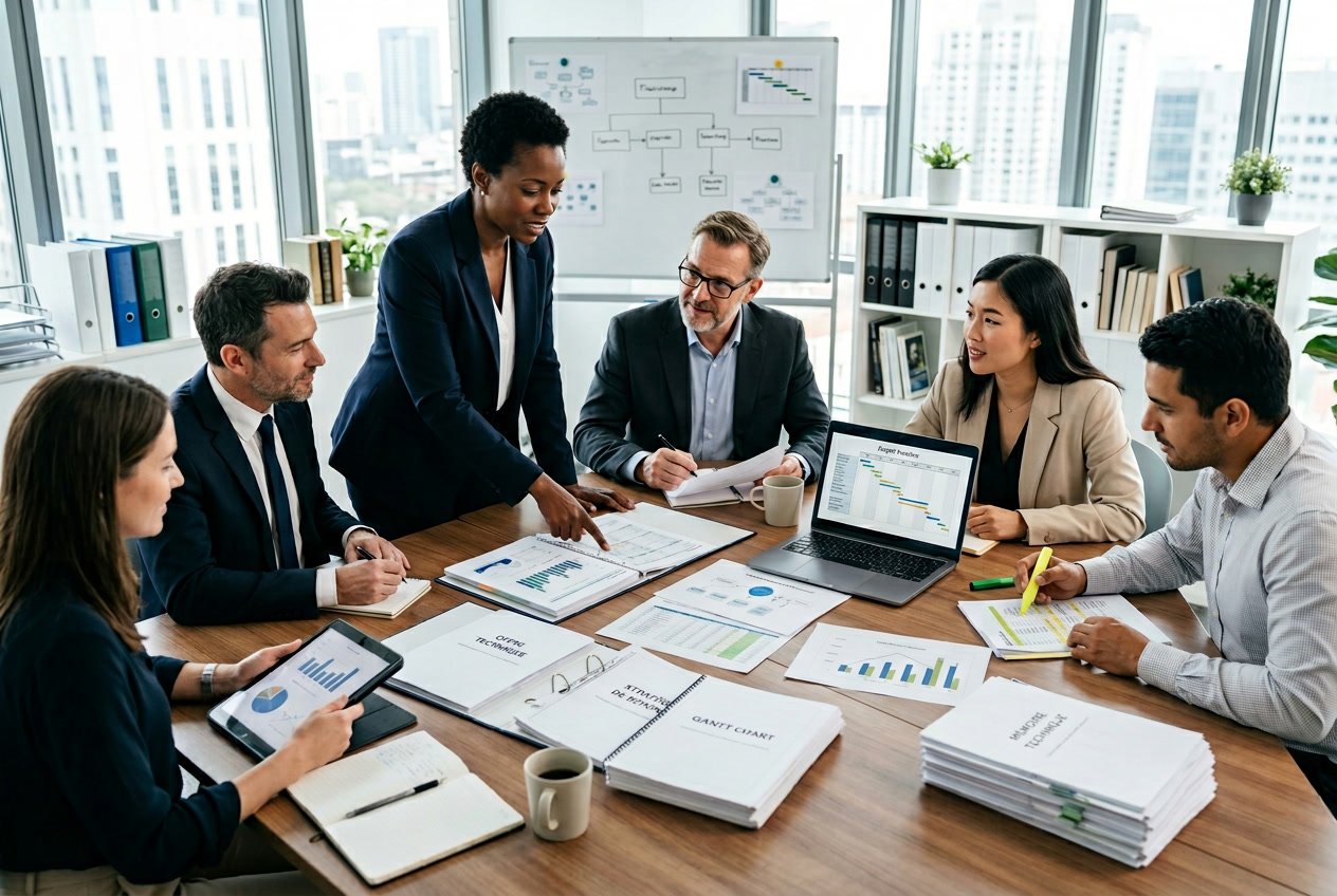 Des professionnels en réunion autour d'une table examinant des documents et des graphiques dans un bureau lumineux.