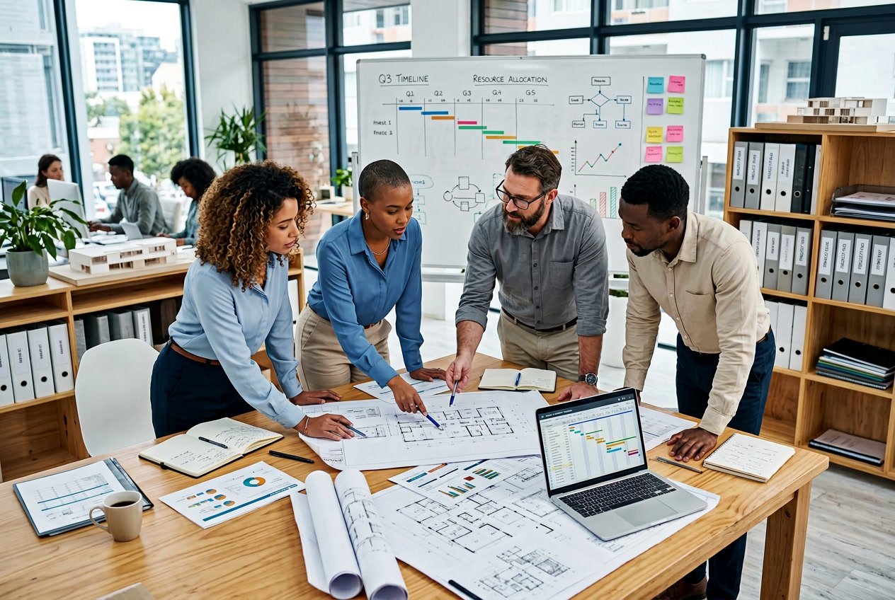 Une équipe de professionnels travaillant ensemble autour d'un bureau avec des documents techniques et un ordinateur dans un bureau lumineux et organisé.