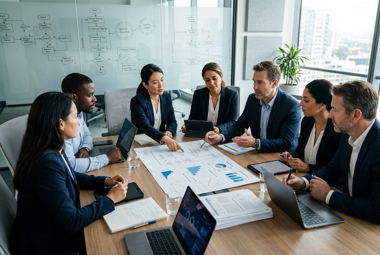 Des professionnels en réunion autour d'une table de conférence avec des documents techniques et des graphiques, discutant de qualité et conformité.