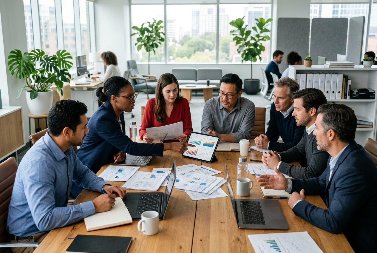 Un groupe de professionnels en réunion autour d'une table de conférence, travaillant ensemble avec des ordinateurs et des documents dans un bureau lumineux.