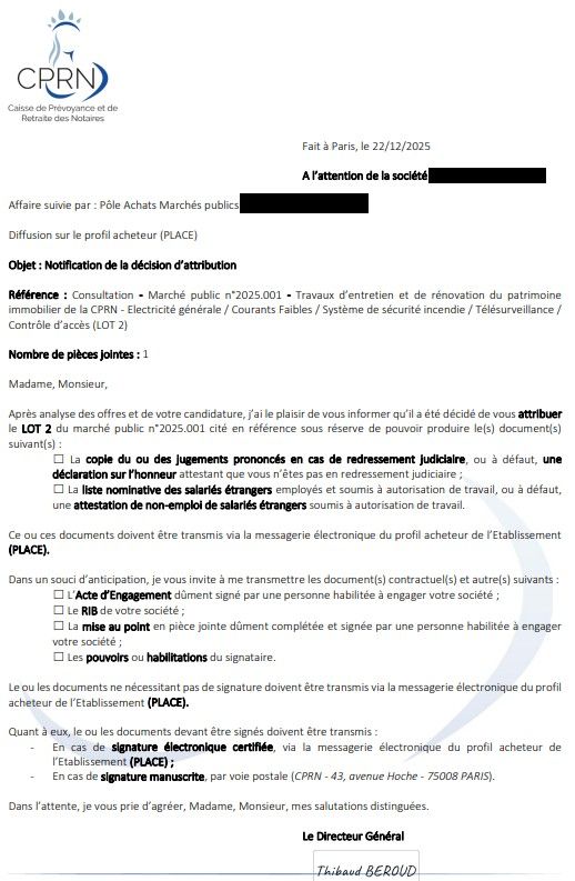 Courrier d'attribution CPRN - marché électricité remporté avec AO Conquête
