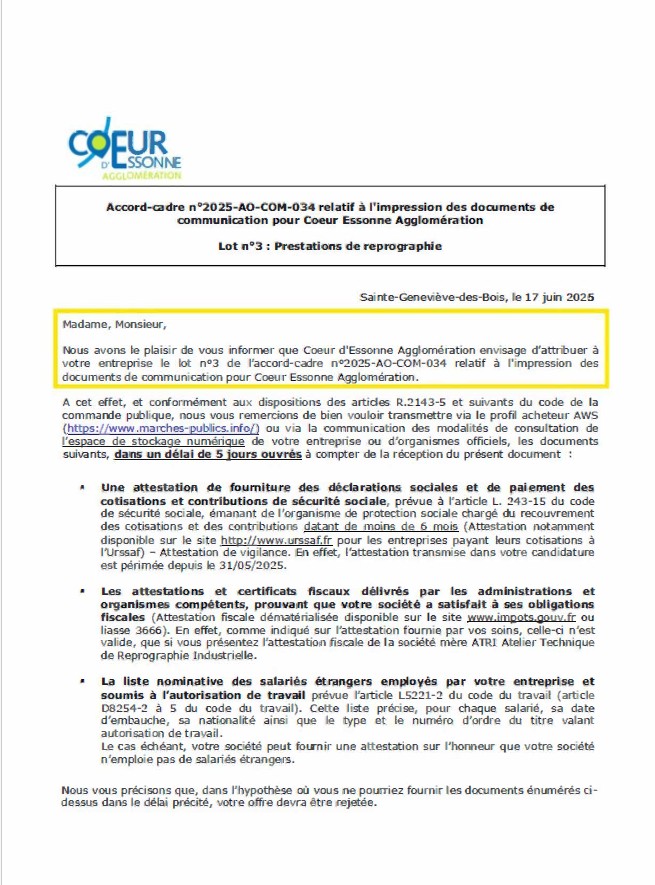 Courrier d'attribution marché public Coeur d'Essonne Agglomération - accompagnement AO Conquête