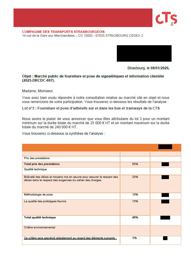 Courrier d'attribution Compagnie des Transports Strasbourgeois - accompagnement AO Conquête