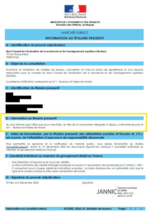 Courrier d'attribution HCERES - marché ameublement remporté avec AO Conquête