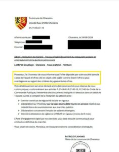 Courrier d'attribution marché public BTP Mairie de Chaneins - accompagnement AO Conquête