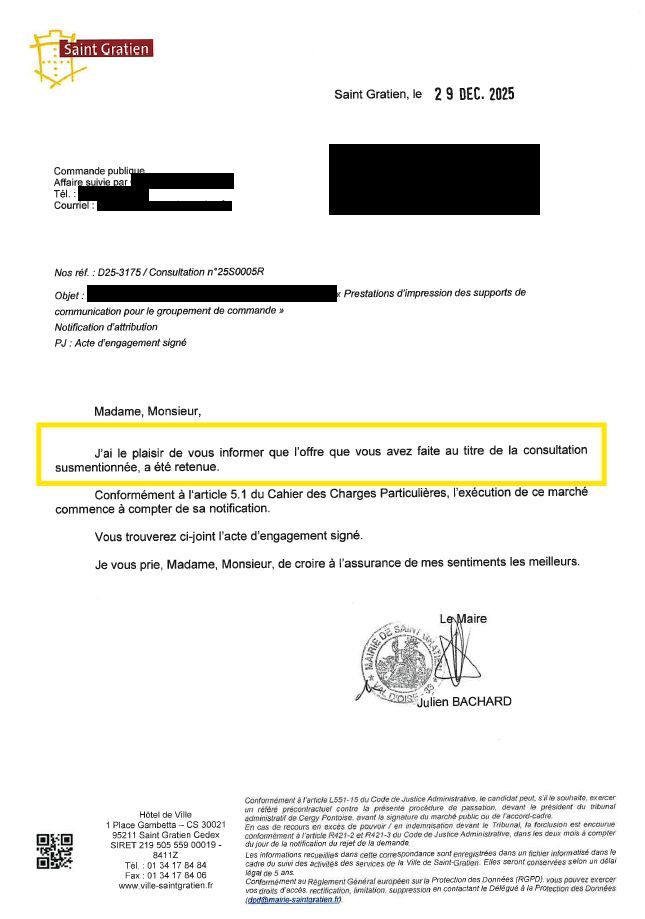 Courrier d'attribution marché public Mairie de Saint-Gratien - accompagnement AO Conquête