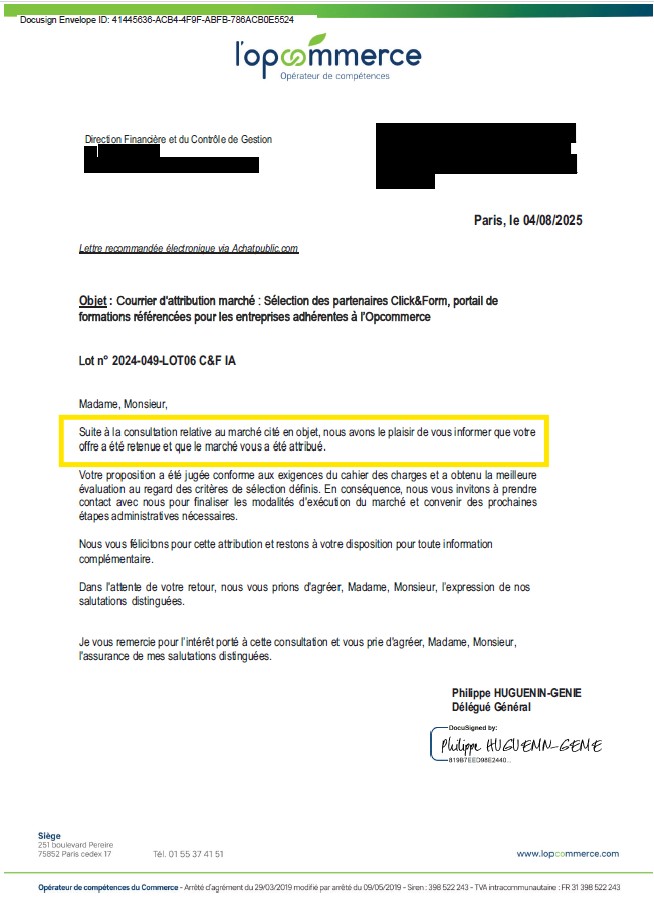 Courrier d'attribution OPCOMMERCE - marché formation IA remporté avec AO Conquête