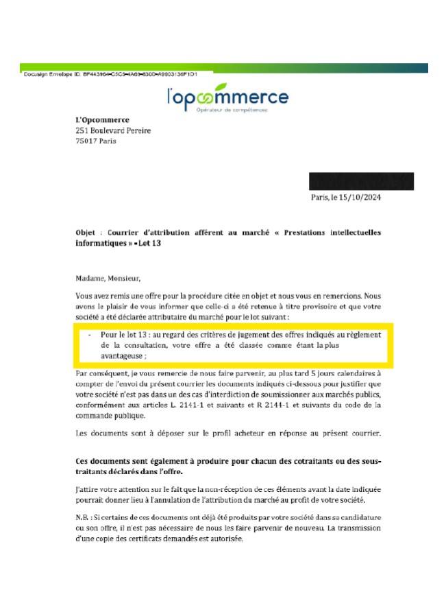 Courrier d'attribution OPCOMMERCE - marché informatique remporté avec AO Conquête