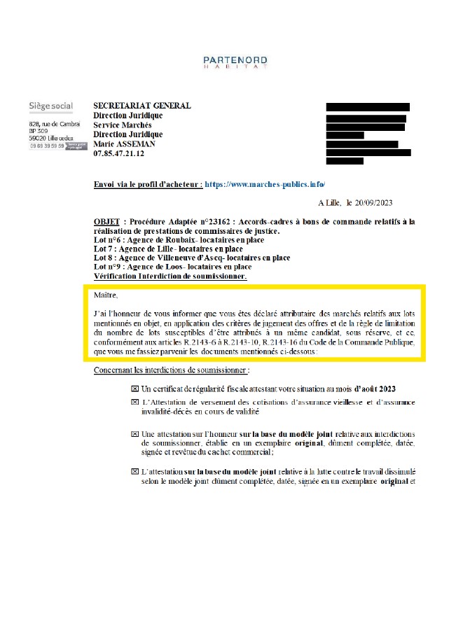 Courrier d'attribution marché public Partenord Habitat - accompagnement AO Conquête