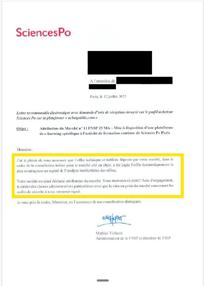 Courrier d'attribution marché public Sciences Po - accompagnement AO Conquête