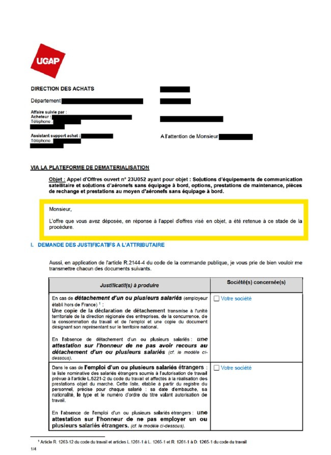 Courrier d'attribution UGAP - marché drones Dronotec remporté avec AO Conquête