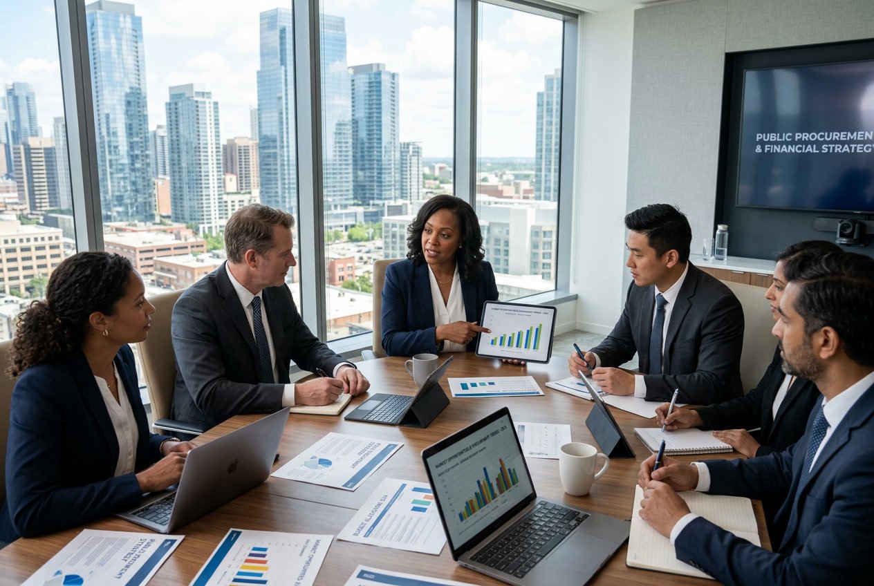Un groupe de professionnels en réunion autour d'une table de conférence, discutant de stratégies financières dans un bureau moderne avec vue sur la ville.