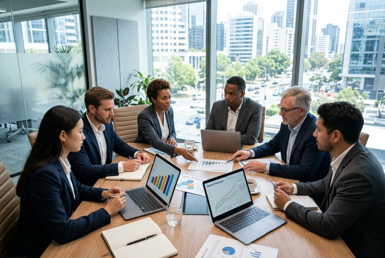 Un groupe de professionnels en réunion autour d'une table de conférence dans un bureau moderne, examinant des documents et des graphiques.