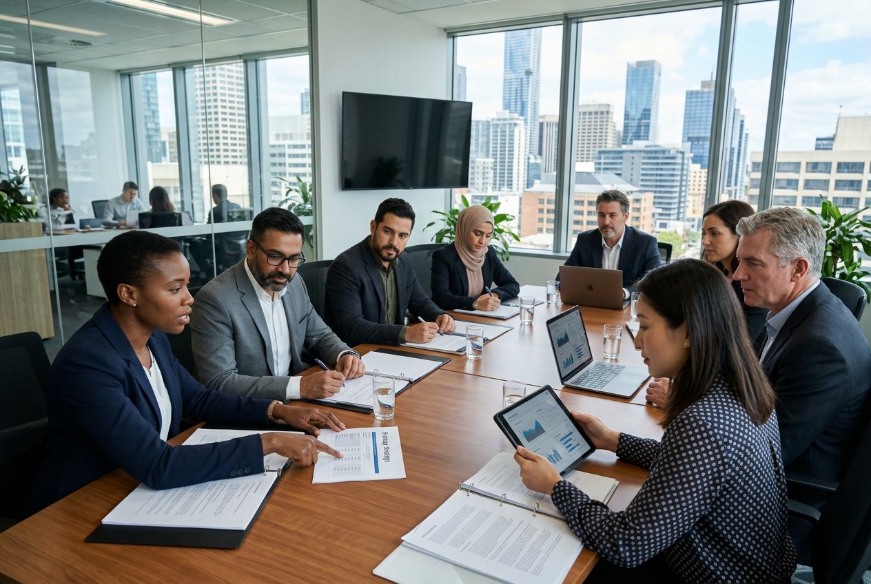 Un groupe de professionnels en réunion autour d'une table dans un bureau moderne, en train de discuter et de préparer des documents.