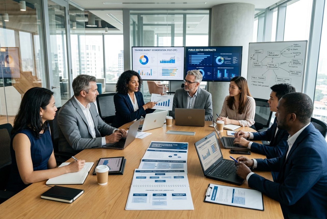 Un groupe de professionnels en réunion autour d'une table avec des documents et des ordinateurs dans un bureau moderne lumineux.